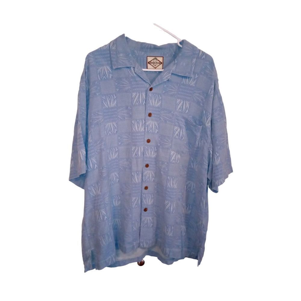 Three Palm Brand Men's Blue Tropical Print Silk Button Up Shirt